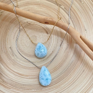 Larimar Teardrop Necklace, Dominican Blue Stone, 14k Gold Plated