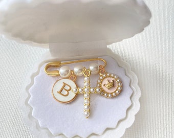 Personalized Pearl Bead Gold Baby Pin | Baby Brooch | Baptism Pin | Stroller Pin | Baby Shower | Keepsake Baby Pin | Bridal Pin| Gift Box