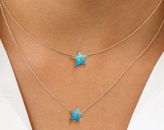 Genuine Turquoise Star Necklace, Celestial Gemstone Star Necklace, Birthday Gift Her, Layering Gemstone Jewelry, Dainty Elegant Thin Chain