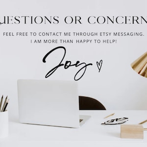 May include: A white laptop computer on a white desk with a gold desk lamp, a white cup with pencils, and a stack of books. The text "QUESTIONS OR CONCERNS? FEEL FREE TO CONTACT ME THROUGH ETSY MESSAGING. I AM MORE THAN HAPPY TO HELP! Joy" is written on the wall behind the desk.