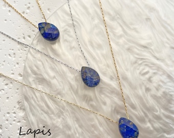 Lapis Lazuli Tear Drop Necklace , Dainty Blue Crystal Minimalist Necklace, Gift