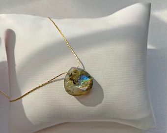Dainty Labradorite Pendant Necklace, 14k Gold Plated, Minimalist Jewelry