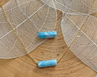 Larimar Gemstone Necklace, 14k Gold Plated, Dominican Blue Stone
