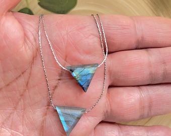 Labradorite Crystal Triangle Pendant Necklace, Minimalist Gemstone