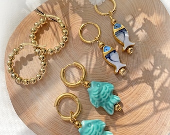 Huggie Hoop Ceramic Blue White Gold Earrings , Hand Painted Fish Beach Summer, Vacation Hoop Earrings| 14K Gold Filled Earrings| Waterproof