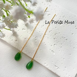 May include: A pair of gold-toned chain earrings with teardrop-shaped green jade stones. The earrings are displayed on a white textured surface, with the text "La Petite Muse" in the upper right corner.