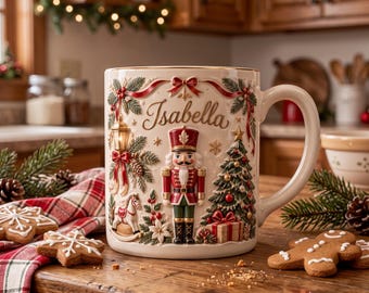 Personalized 3D Effect Nutcracker Mug, Custom Isabella Name Christmas Coffee Cup, Faux 3D Inflated White Ceramic Mug, Vintage Holiday Gift