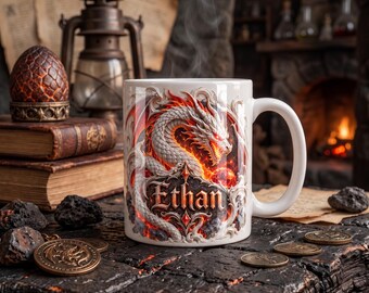 Custom 3D Dragon Mug, Personalized Name Fire Dragon Coffee Cup, Faux 3D Inflated White Ceramic Mug, Fantasy Gamer Gift Mythical Cup