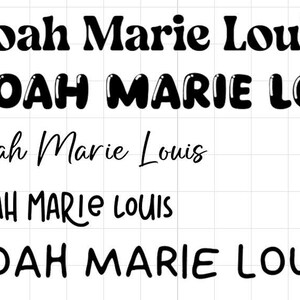 Könnte beinhalten: Fünf Variationen des Namens "Noah Marie Louis" werden in schwarzer Schrift auf weißem Hintergrund dargestellt. Die Schriftarten variieren, darunter fett, Bubble-Schrift und Schreibschrift. Jede Zeile ist nummeriert.