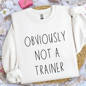 May include: A cream-coloured sweatshirt featuring the black text "OBVIOUSLY NOT A TRAINER". The garment is displayed on a woven surface, surrounded by decorative elements, including wrapped gifts and silver beads. A casual, comfortable item of clothing.