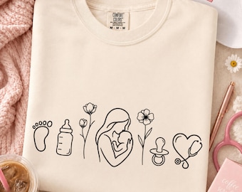 Minimalist Labor and Delivery Nurse PNG Design, wildflower Mother Baby Line Art (Digital Download) 6 pngs
