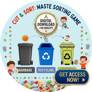 May include: A circular graphic for a waste sorting game. It features three bins labeled "Garbage", "Recycling", and "Compost". The image includes illustrations of items being sorted, children, and the text "Cut & Sort: Waste Sorting Game".
