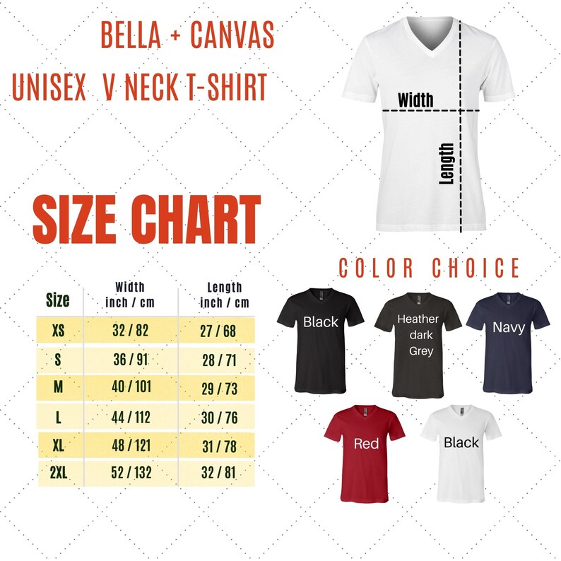 May include: A white unisex V-neck t-shirt with a size chart and colour options. The size chart shows measurements in inches and centimetres. Colour choices include black, heather dark grey, navy, red, and white.