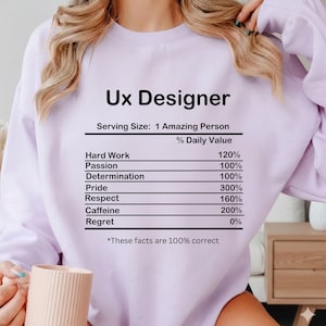 Könnte beinhalten: Helllila Sweatshirt mit schwarzem Aufdruck "Ux Designer". Darunter befindet sich eine Nährwerttabelle mit Tageswerten für harte Arbeit, Leidenschaft, Entschlossenheit, Stolz, Respekt, Koffein und Bedauern.