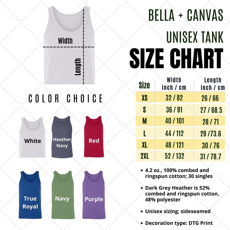 May include: A white unisex tank top with a size chart and colour options. The size chart shows measurements in inches and centimetres, with sizes ranging from XS to 2XL. Colour choices include white, heather navy, red, true royal, navy, and purple.