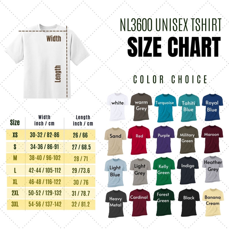 May include: A unisex t-shirt size chart with measurements in centimetres. The chart includes sizes XS to 3XL, with width and length dimensions. Colour options include white, grey, blue, and various other colours.