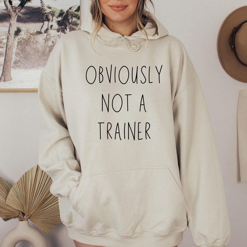 May include: A beige hoodie with the text "OBVIOUSLY NOT A TRAINER" in black. The hoodie features a drawstring hood and a front pocket. The background includes a framed picture and a hat.