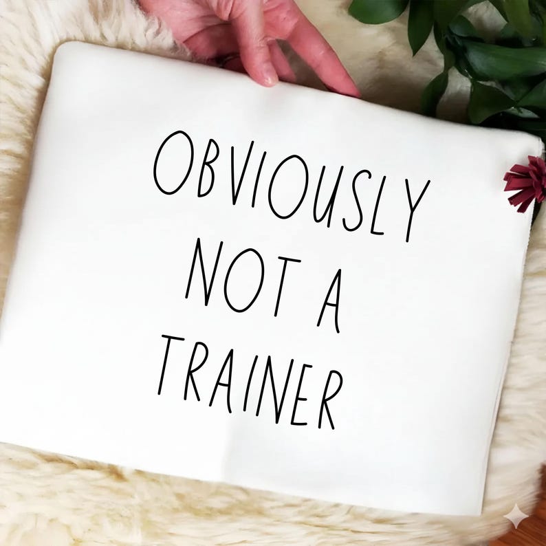 May include: White pillow with the text "OBVIOUSLY NOT A TRAINER" in black script. The pillow is held by a hand and rests on a fluffy, white surface. A small, dark red flower is visible in the corner.