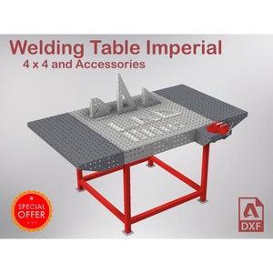 May include: A red metal welding table with a 4x4 foot top and a perforated surface. The table includes a variety of accessories, including a vice and angle brackets. The table is on a white background with the text "Welding Table Imperial 4 x 4 and Accessories" and "SPECIAL OFFER" in red.