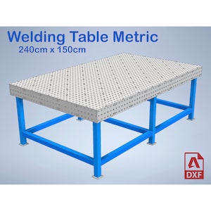 Könnte beinhalten: Ein blauer Schweißtisch aus Metall mit einer perforierten Tischplatte. Der Tisch misst 240 cm x 150 cm. Der Tisch ist für Schweiß- und Fertigungsprojekte konzipiert.