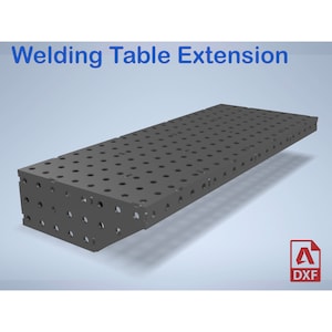 May include: A gray metal welding table extension with a grid of holes. The extension is designed to be added to a larger welding table.