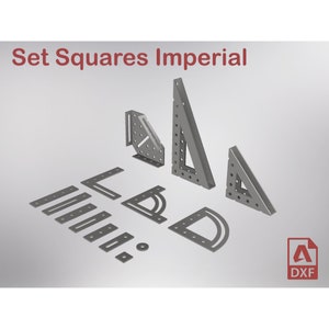 May include: A set of metal set squares in imperial measurements. The set includes a variety of sizes and shapes, including 45-degree, 60-degree, and 90-degree angles, as well as protractors. The set squares are designed for use in woodworking, metalworking, and other crafts.
