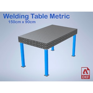 Op de afbeelding: Een grijze metalen lastafel met een geperforeerd oppervlak en blauwe metalen poten. De tafel meet 150 cm x 90 cm. Een DXF-bestandsicoon bevindt zich in de rechterbenedenhoek.