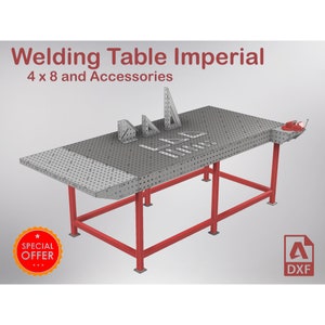May include: A red metal welding table with a 4 x 8 foot perforated steel top. The table has a red metal frame and four legs. The table is shown with various welding accessories, including angle brackets and a clamp. The image includes the text "Welding Table Imperial 4 x 8 and Accessories" and "SPECIAL OFFER".