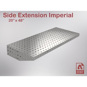 May include: A silver metal side extension for a welding table, measuring 20 inches by 48 inches. The extension has a grid pattern of holes.