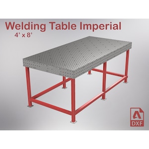 May include: A red metal welding table with a perforated steel top. The table is 4 feet by 8 feet. The image includes the text "Welding Table Imperial 4', x 8'" and a file icon with the text "DXF".