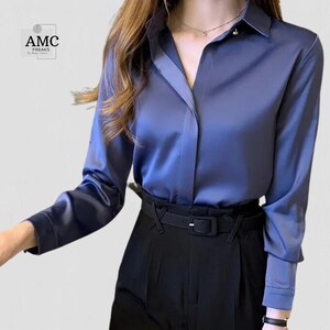 Elegant Glossy Silk Satin Shirt Long Sleeve Woman Fashion Blouse Casual ...