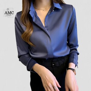 Elegant Glossy Silk Satin Shirt Long Sleeve Woman Fashion Blouse Casual ...