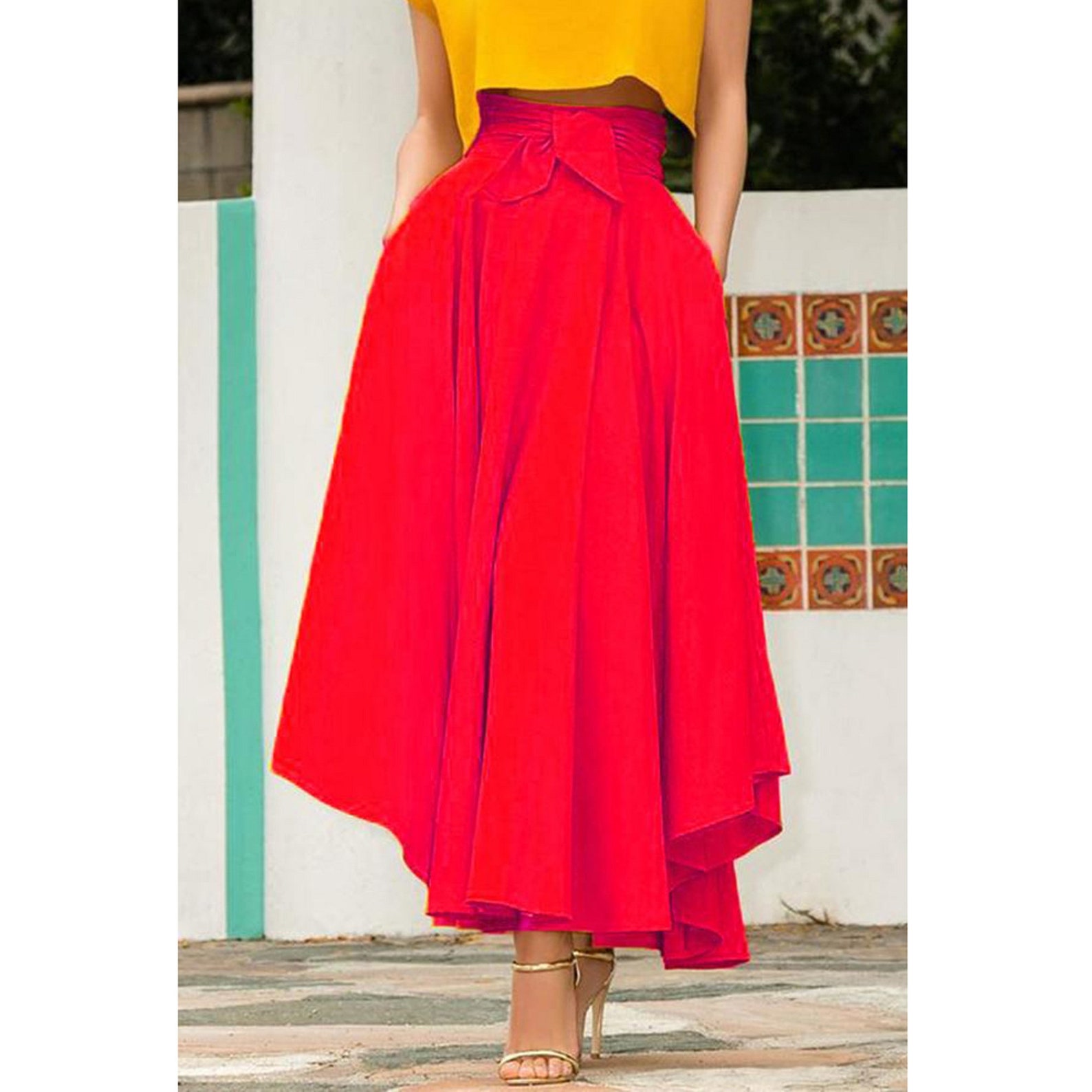 Women Solid Color Red Brief Pleated High Waist Flared Pleated Etsy