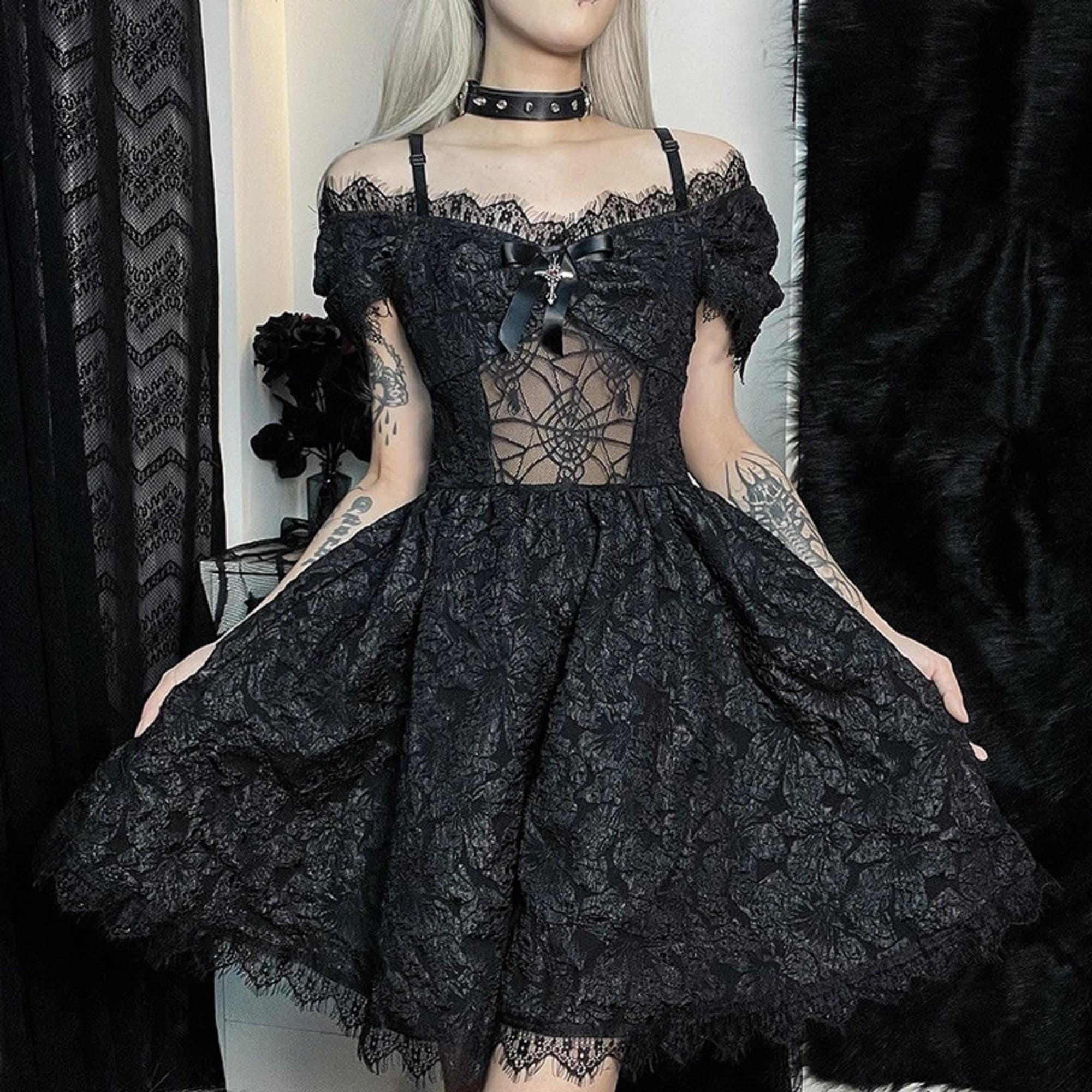 Lace Mini Sleeveless Dress Black Lace Draped Bodycon Gothic Summer Dress Gothic Vintage Goth Dresses 