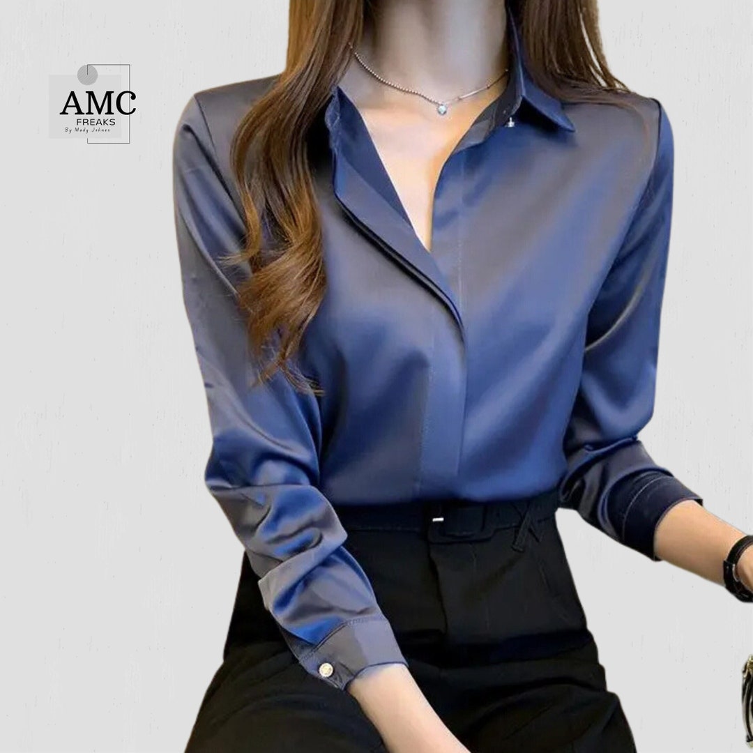 Elegant Glossy Silk Satin Shirt Long Sleeve Woman Fashion Blouse Casual ...