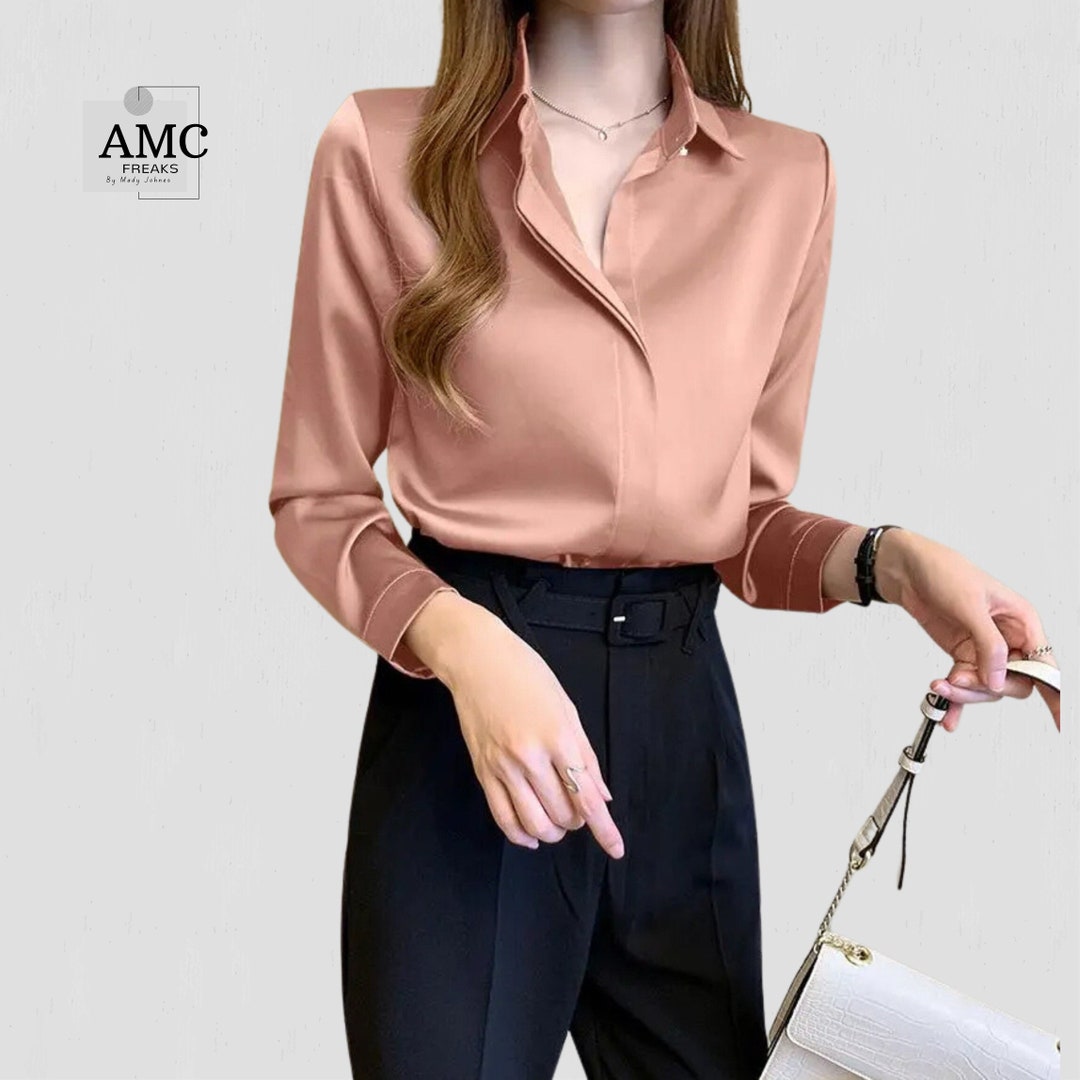 Elegant Glossy Silk Satin Shirt Long Sleeve Woman Fashion Blouse Casual