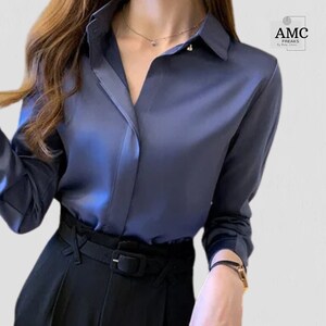 Elegant Glossy Silk Satin Shirt Long Sleeve Woman Fashion Blouse Casual ...