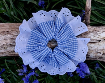 Baby Blue / Blue Sky Gingham Scrunchie with White Broderie Lace, Large Gingham Scrunchie, Lace Scrunchie, Blue Gingham Frill Scrunchie 16cm