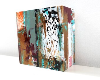 Art object wall art handmade acrylic painting on wood as a wall sculpture or to stand abstract colorful with gold