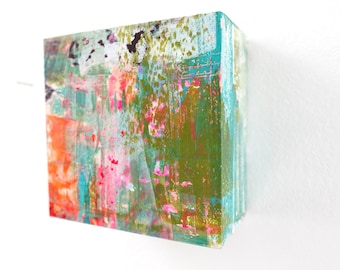 Art object handmade acrylic painting on wood ready to hang or stand as a wall sculpture abstract and colorful