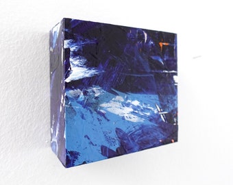 Art object handmade acrylic painting on wood ready to hang or stand as a wall sculpture abstract blue