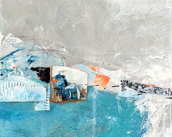 Original acrylic painting 40 x 40 cm, abstract mixed media art in turquoise & grey with neon accents, painting by Andrea Traub
