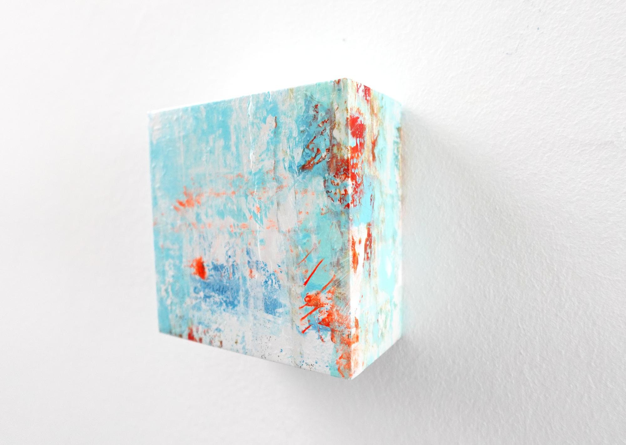 Wall decoration, mural, hand-painted acrylic painting on wood, wooden picture, 3D wall sculpture or to stand, abstract colorful shades of blue with neon colors