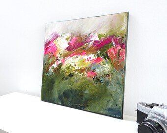 Hand painted acrylic image on canvas ready for hanging acrylic painting abstract colored surfaces with gold effects and neon pink