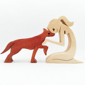 Woman and hunter dog, handmade wooden art