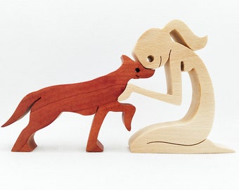 Woman and hunter dog, handmade wooden art