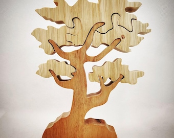 Handcrafted Oak & Walnut Wooden Tree Puzzle: Rustic Home Decor