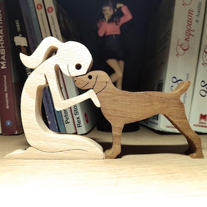 Woman and German Shorthaired Pointer, handmade wooden art