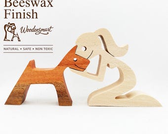 Oeuvre d'art en bois pour femme et chien - Cadeau pour amoureux des animaux de compagnie - Figurine en bois faite main