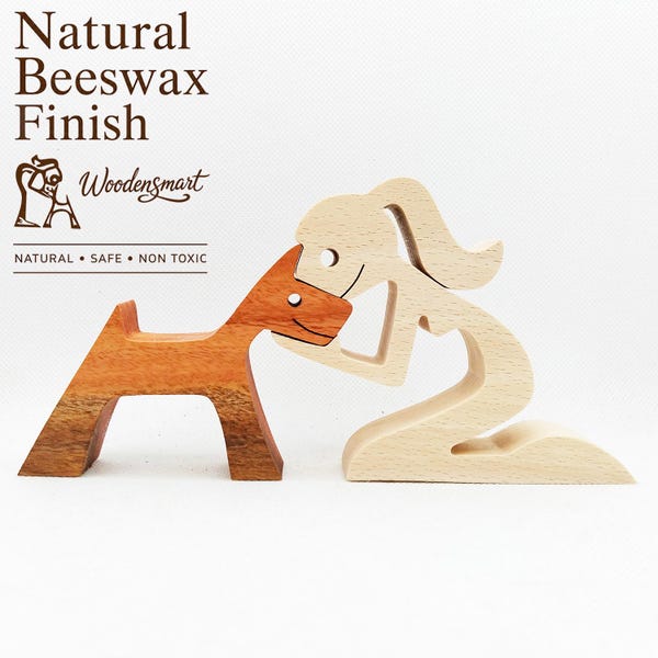 Woman and Dog Wooden Art – Pet Lover Gift – Handmade Wooden Figurine